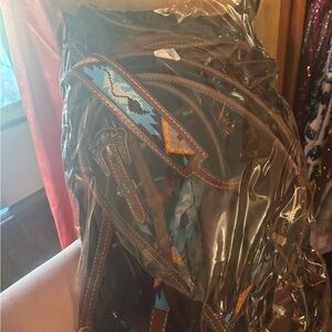 Brown Leather Horse Bridle with Blue Beaded Accents